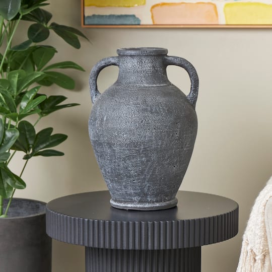 16" Black Ceramic Whitewashed Textured Amphora Vase